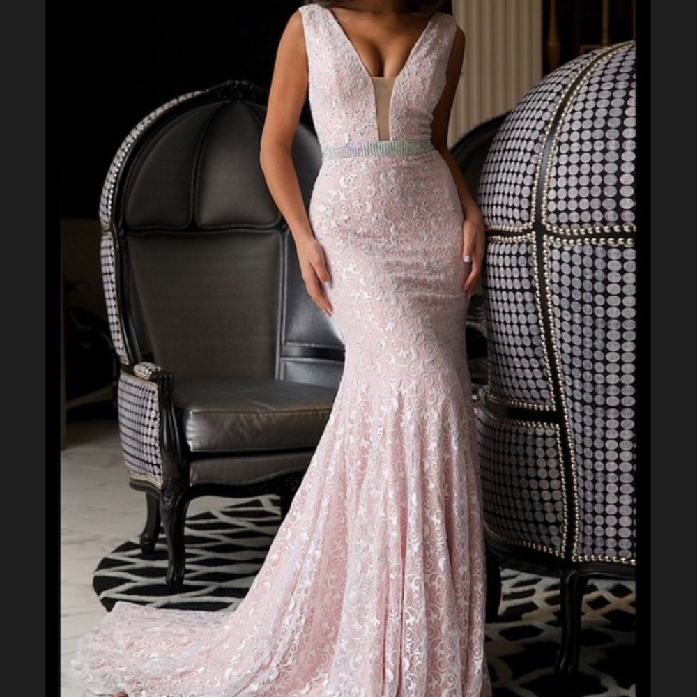 Jovani pink lace prom dress